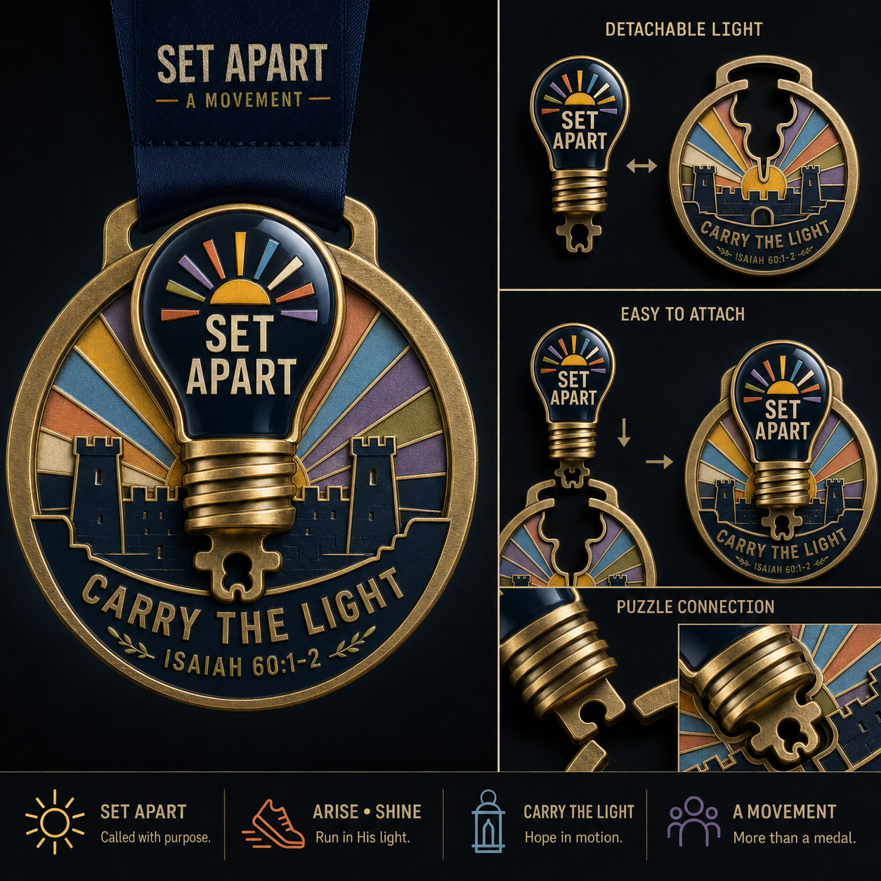 SET APART detachable light medal concept with branded enamel rays and fortress base