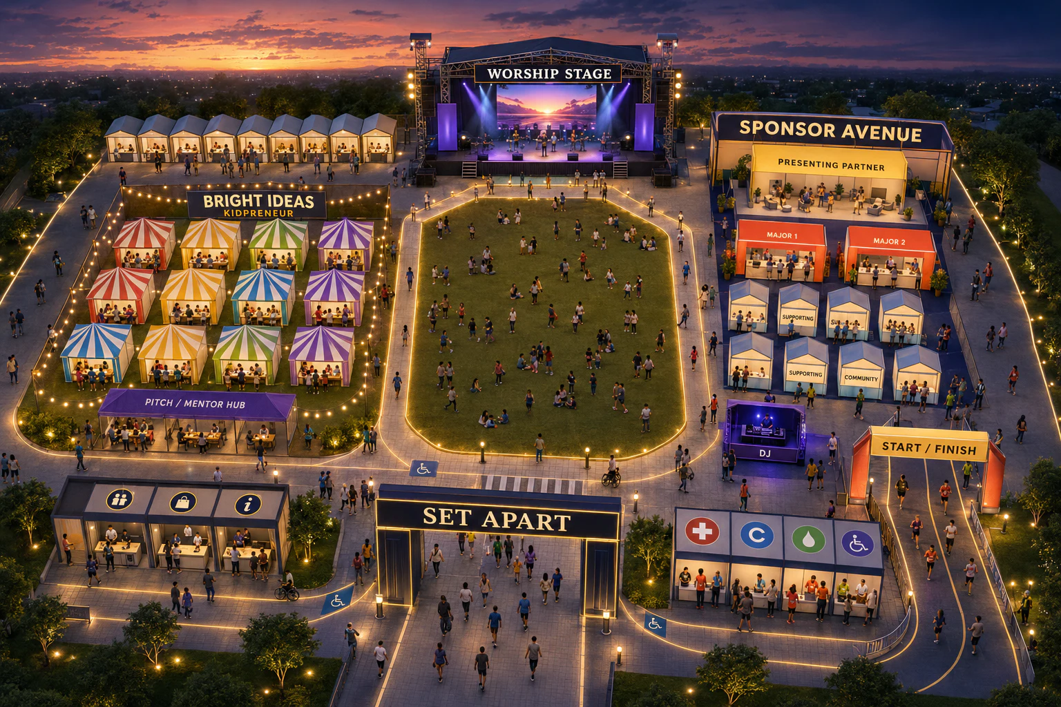 Isometric 3D SET APART race village with Kidpreneur tents, Sponsor Avenue, worship stage, festival lawn, and accessible pathways