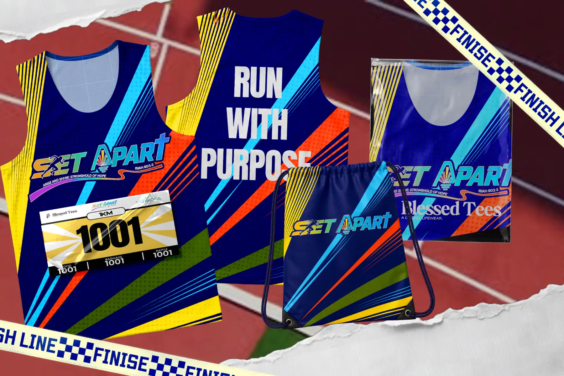 SET APART official runner kit with singlet, race bib, drawstring bag, and packaging